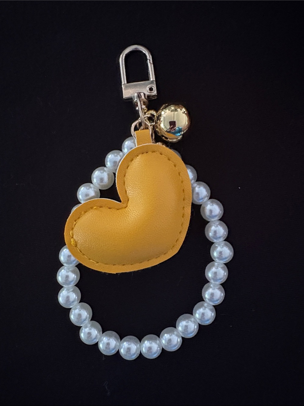 Yellow Heart Pearl Wristlet Zipper Pull Keychain with Gold Accent